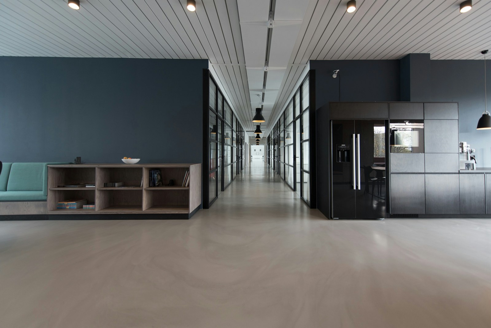 architectural photography of black and brown hallway, property, business